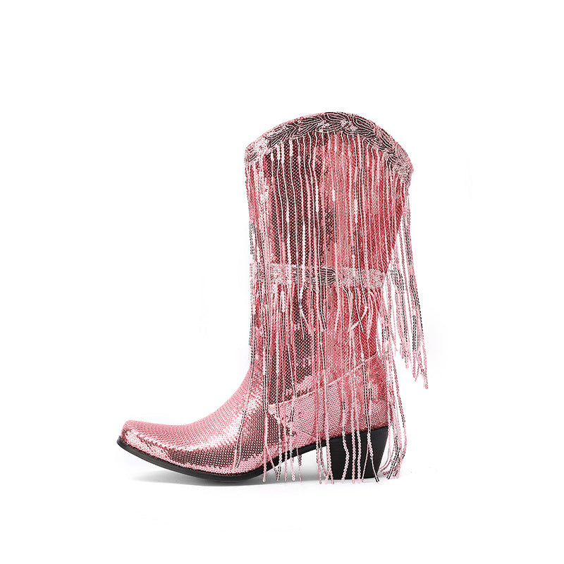 Gold Green Purple Sequin Western Cowboy Boots with Tassels