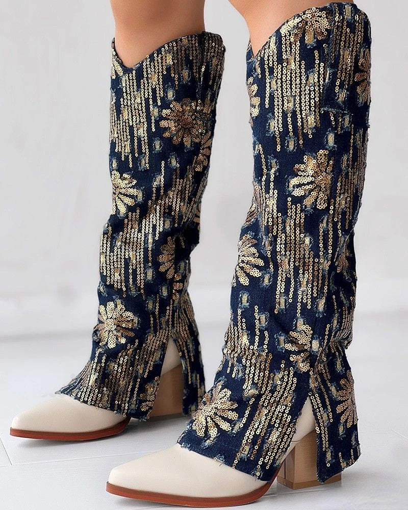 Shiny denim jeans leg boots women's fashion boots