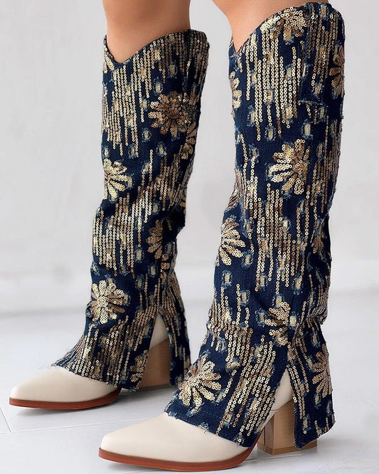 Shiny denim jeans leg boots women's fashion boots