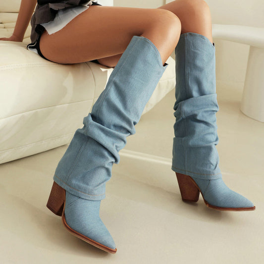 Women's autumn winter retro cowboy pointed boots