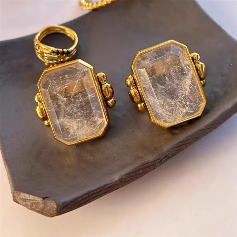 Trending Fashion Retro Square Natural Stone Crystal Ring