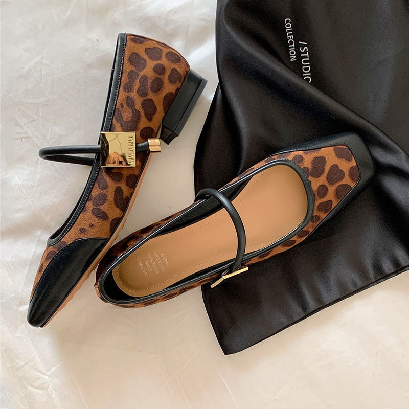 Square Toe Leopard Print Suede Low Heels