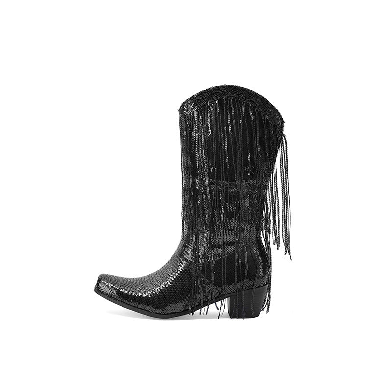 Gold Green Purple Sequin Western Cowboy Boots with Tassels