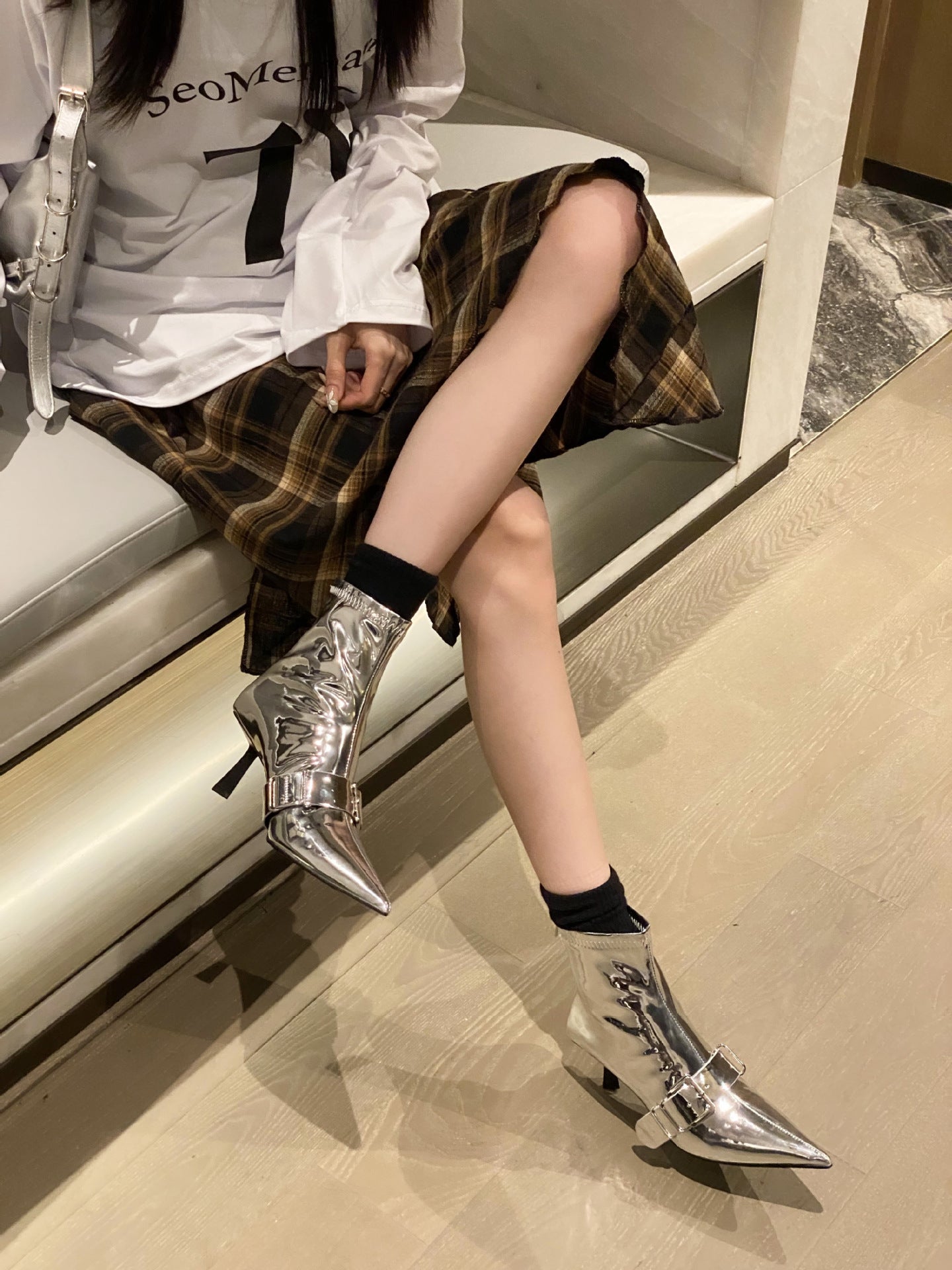 Pointed Patent Leather Martin Boots with Buckle