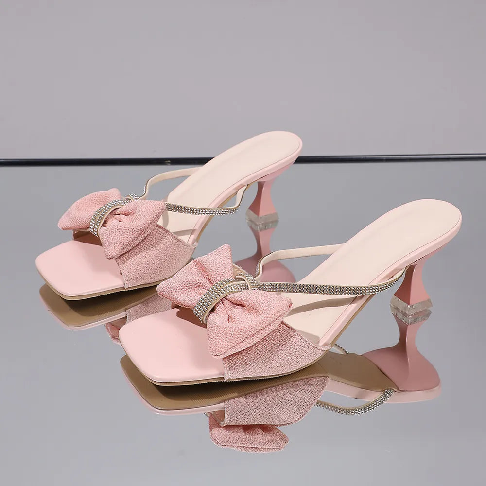 Bow Rhinestone Open-Toe Heels