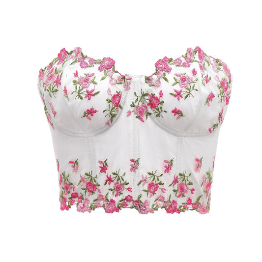 Lace Floral Embroidered Short Crop Belly-Baring Boned Tube Top