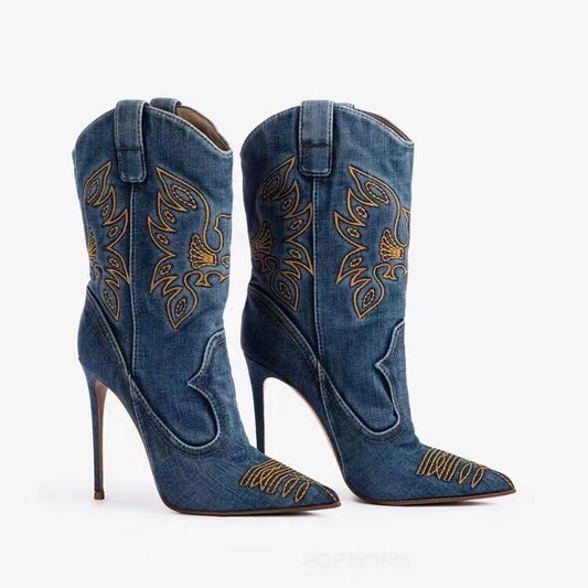 Embroidered Western Cowboy High Heel Boots