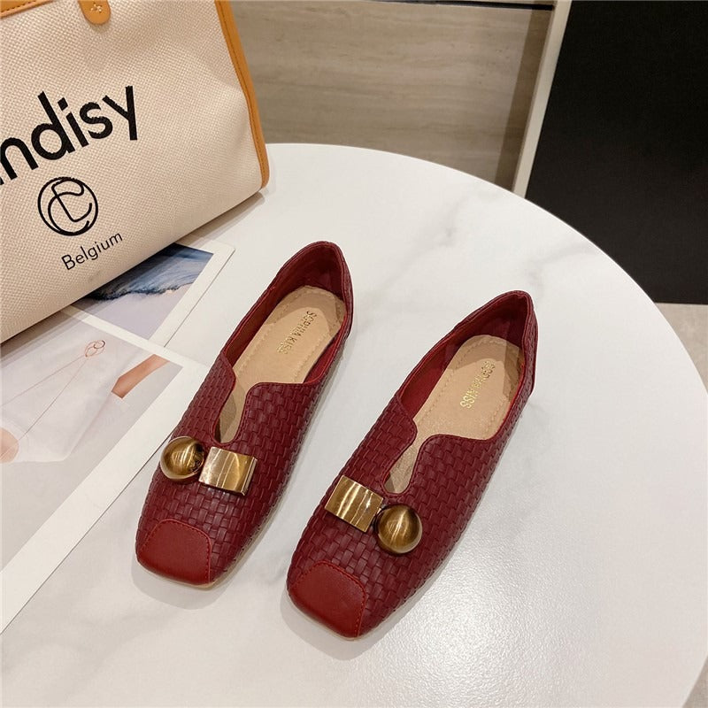 Retro square flat beanie shoes for women square toe  shoes