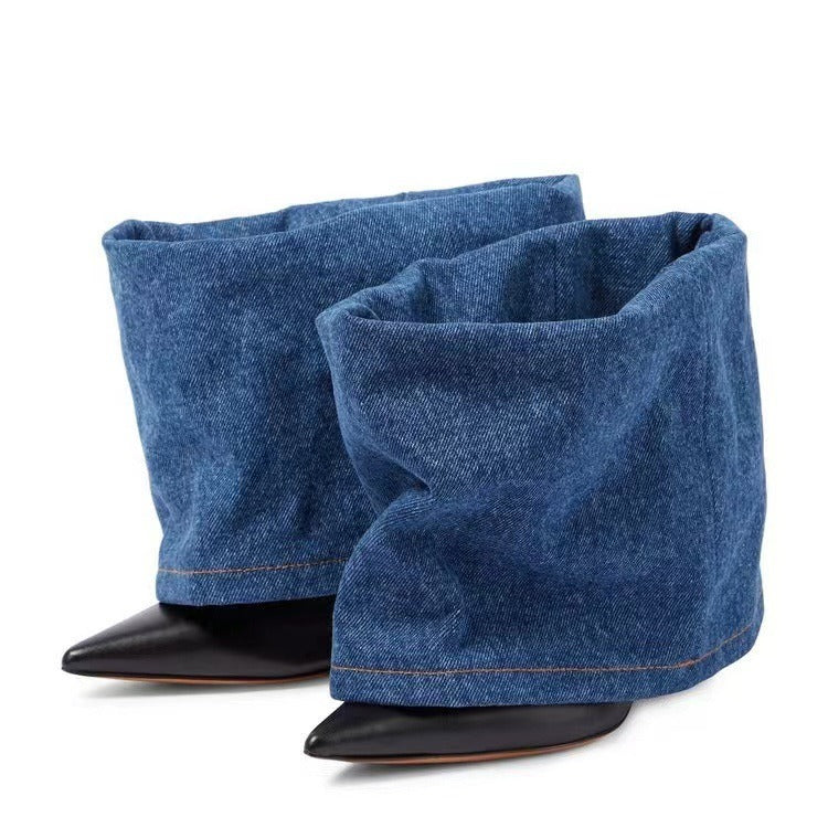 Women's denim  pointed toe high heel short boots sexy trouser boots