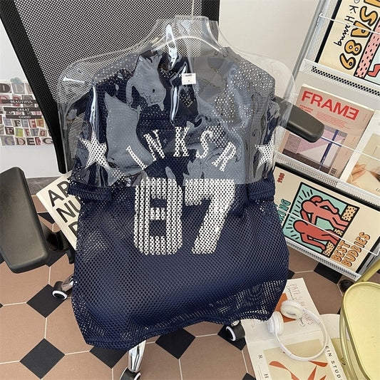 Navy blue  retro printed ball jersey short sleeved t-shirt