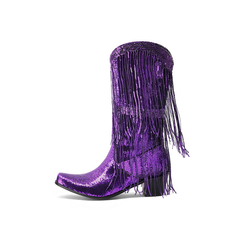 Gold Green Purple Sequin Western Cowboy Boots with Tassels