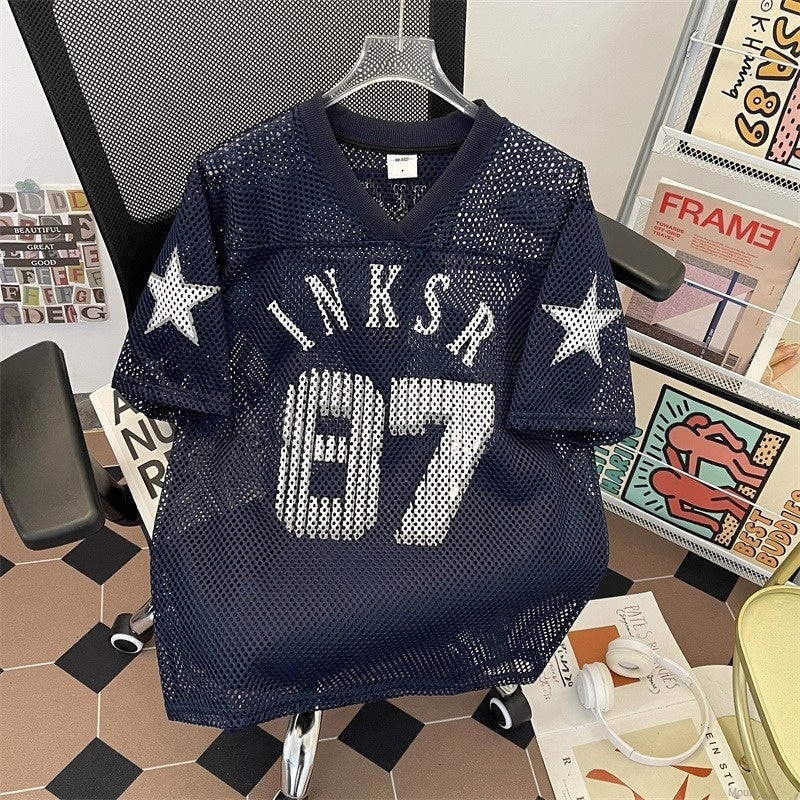Navy blue  retro printed ball jersey short sleeved t-shirt