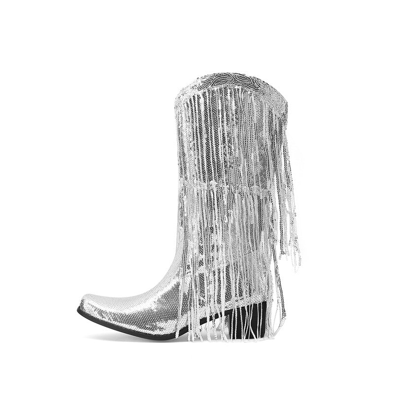 Gold Green Purple Sequin Western Cowboy Boots with Tassels