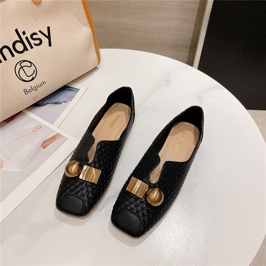 Retro square flat beanie shoes for women square toe  shoes