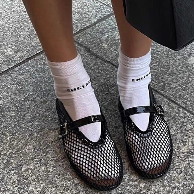 Women’s Cowhide Mesh Flat Ballet Shoes