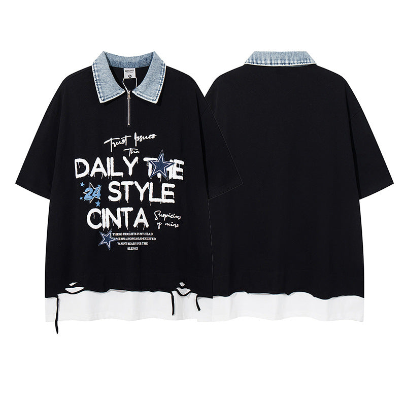 Unisex Foam Letter Print Half-Zip T-shirt