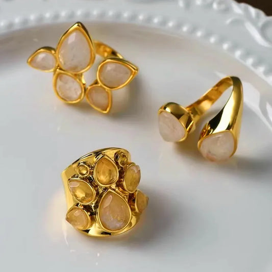 Vintage Natural Stone Crystal Ring Gold Finger Rings