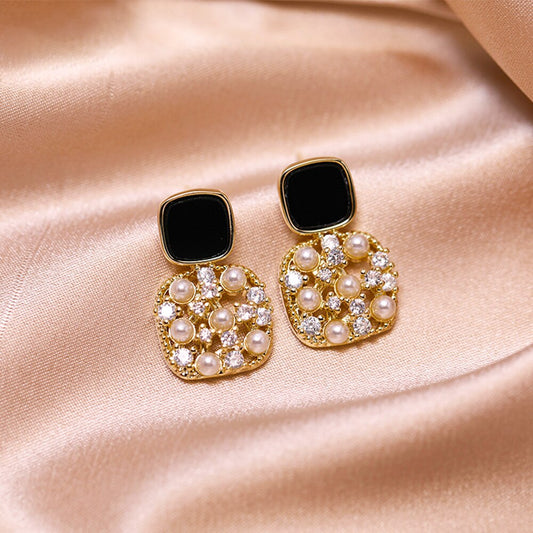 Fashion Black SquareEarrings Luxury Inlaid Pearl Jewelry