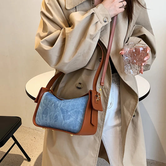 Women’s PU Leather and Denim Shoulder Crossbody Bag