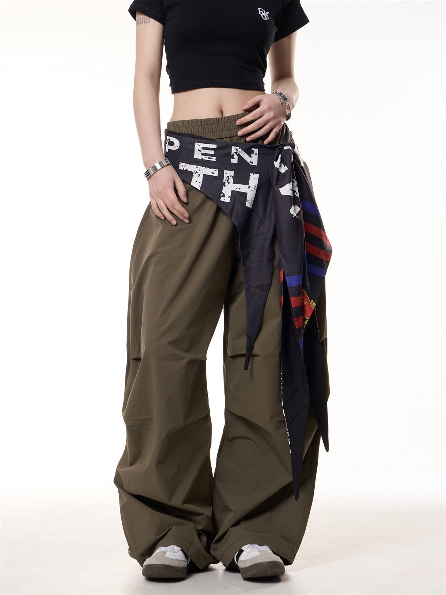 Spliced fart curtain casual loose fit wide leg pants