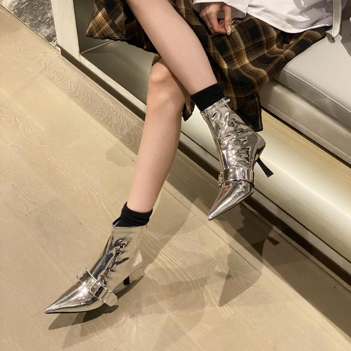 Pointed Patent Leather Martin Boots with Buckle