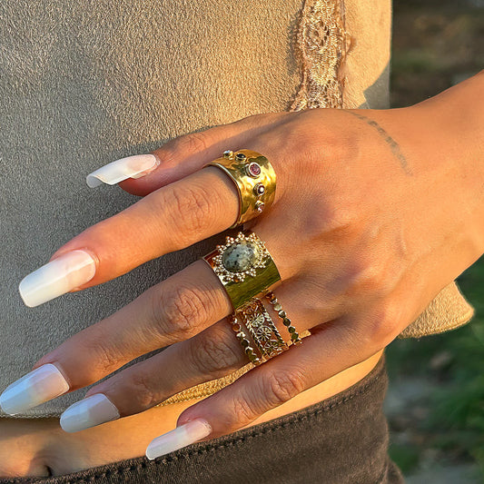 Fashionable Ring Set Hip Hop Metallic Fold Set with Gemstone Rings