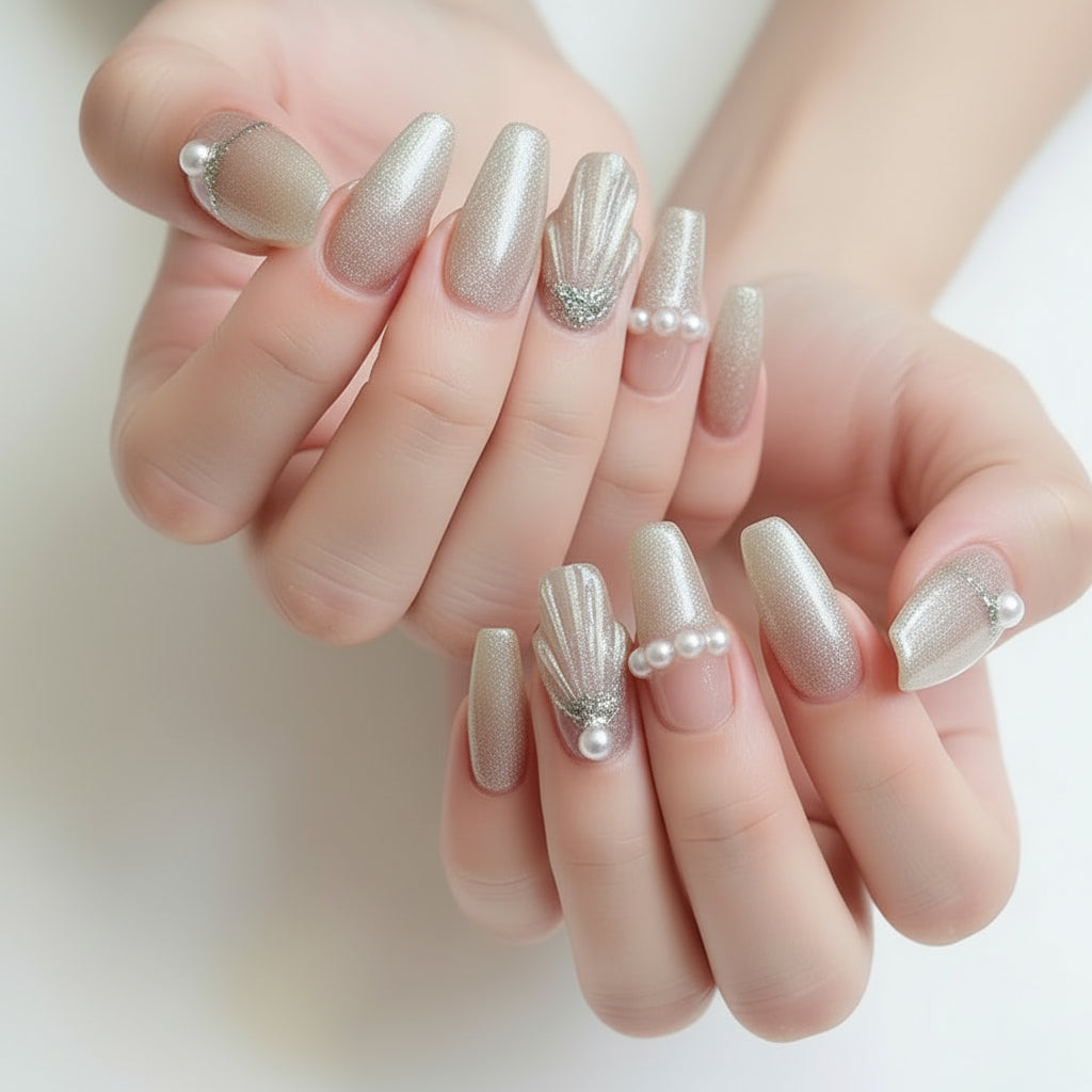 Sea Shells Handmade Press on Nails Ballerina Reusable Nails With Shiny Pearl