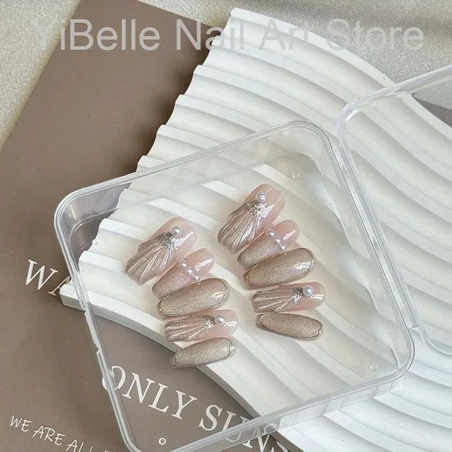 Sea Shells Handmade Press on Nails Ballerina Reusable Nails With Shiny Pearl