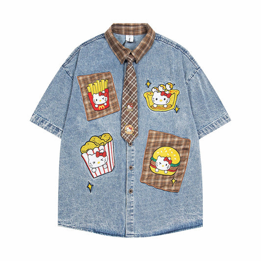 Retro Cartoon Patchwork Denim Shirt
