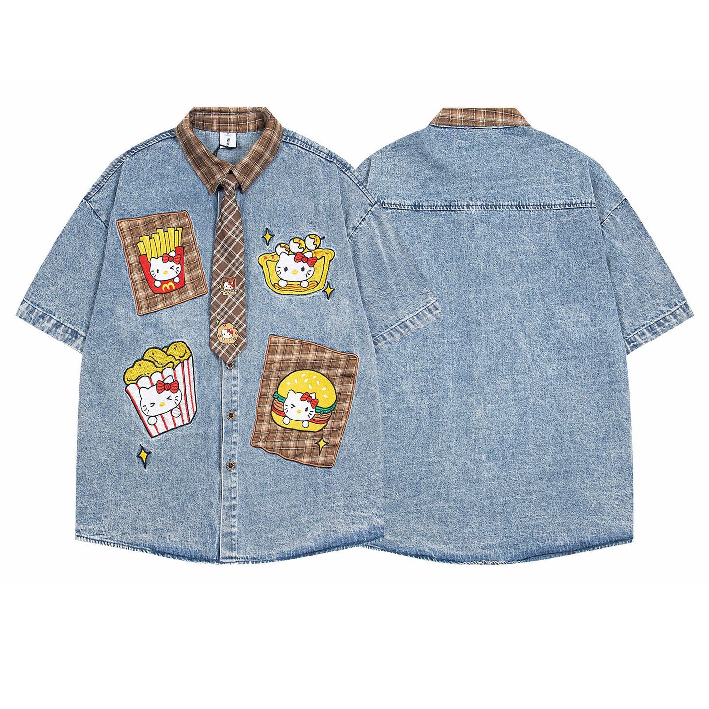 Retro Cartoon Patchwork Denim Shirt