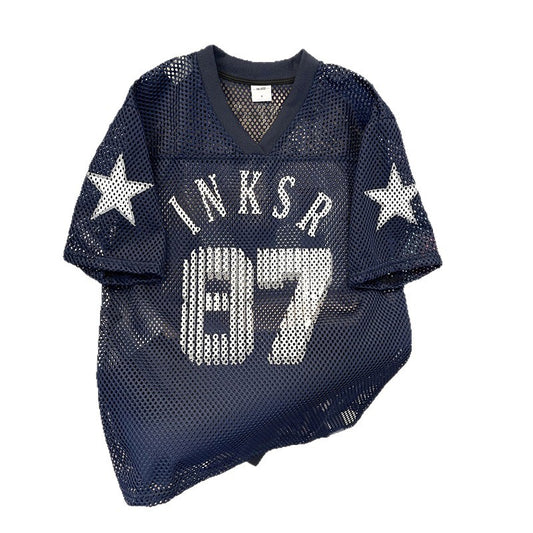 Navy blue  retro printed ball jersey short sleeved t-shirt