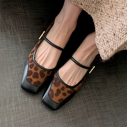 Square Toe Leopard Print Suede Low Heels