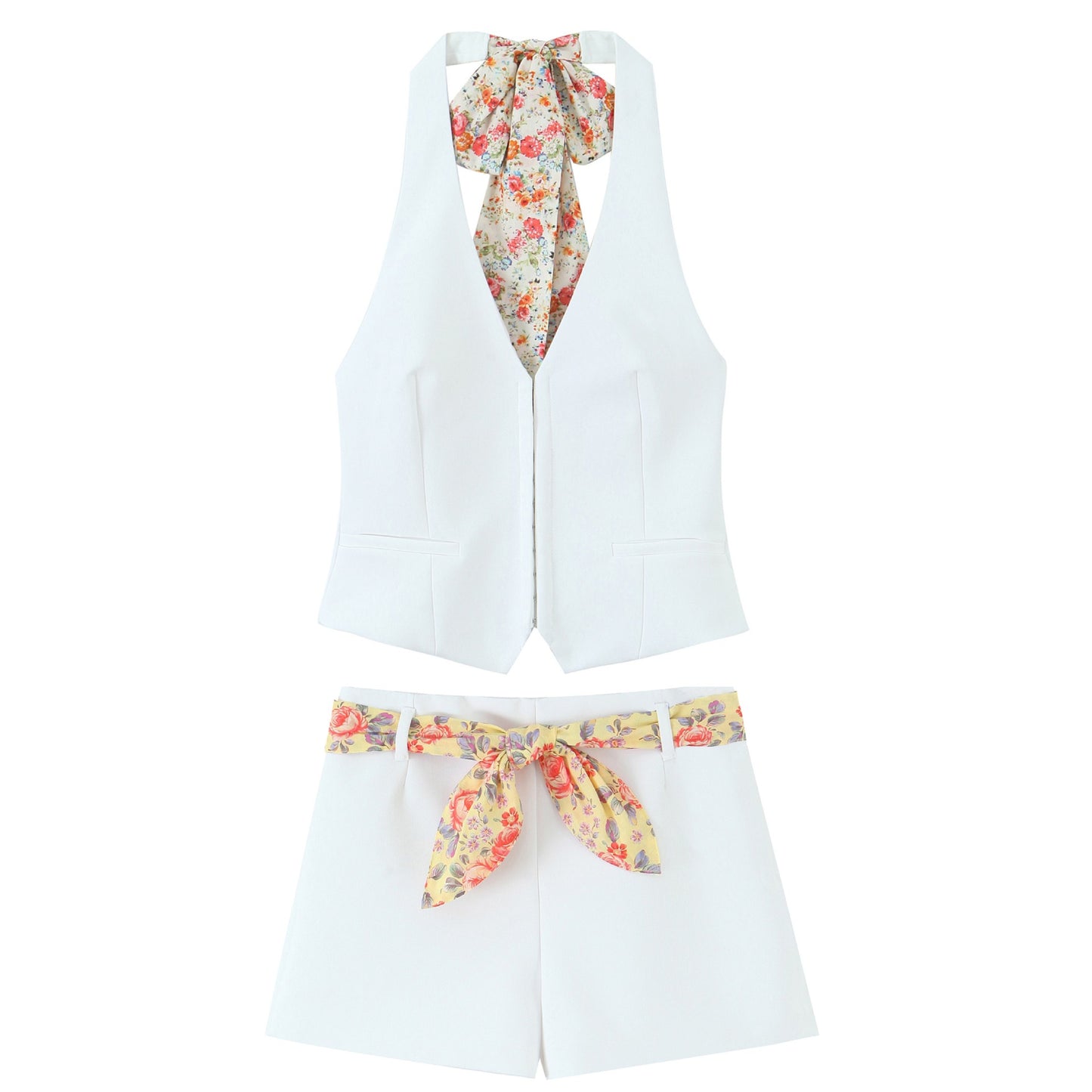 Women’s Printed Scarf Top and High Waist Shorts Set