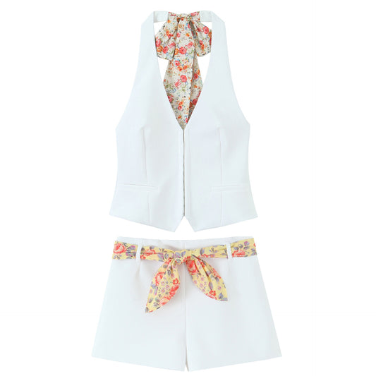 Women’s Printed Scarf Top and High Waist Shorts Set