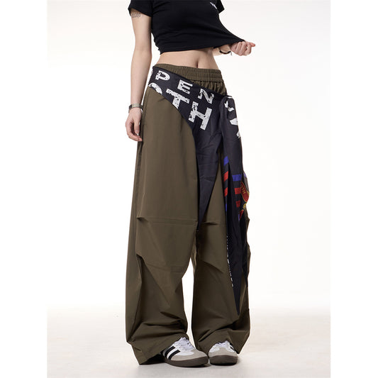 Spliced fart curtain casual loose fit wide leg pants