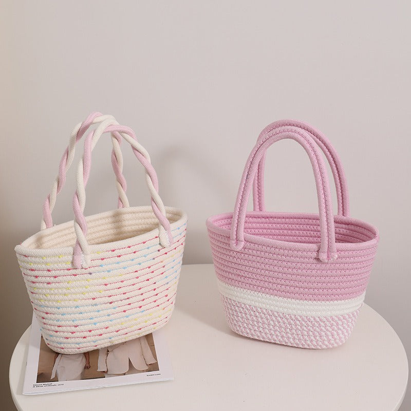 Pink Portable Cotton Woven Bag Holiday Beach Bag