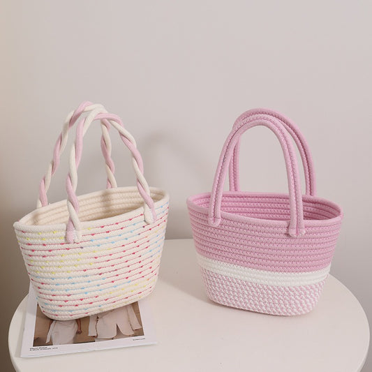 Pink Portable Cotton Woven Bag Holiday Beach Bag