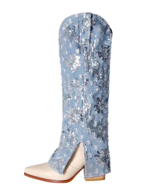 Shiny denim jeans leg boots women's fashion boots