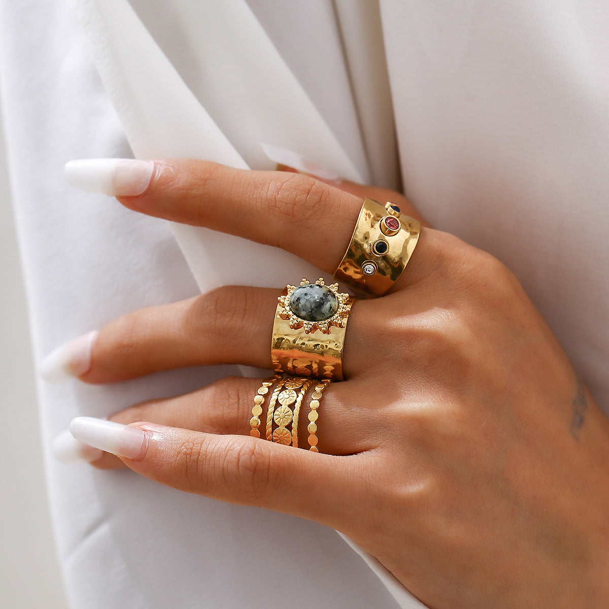 Fashionable Ring Set Hip Hop Metallic Fold Set with Gemstone Rings