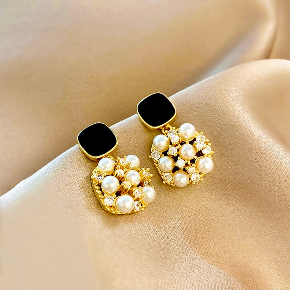 Fashion Black SquareEarrings Luxury Inlaid Pearl Jewelry