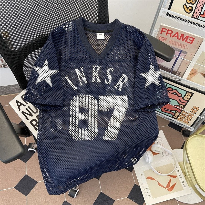 Navy blue  retro printed ball jersey short sleeved t-shirt