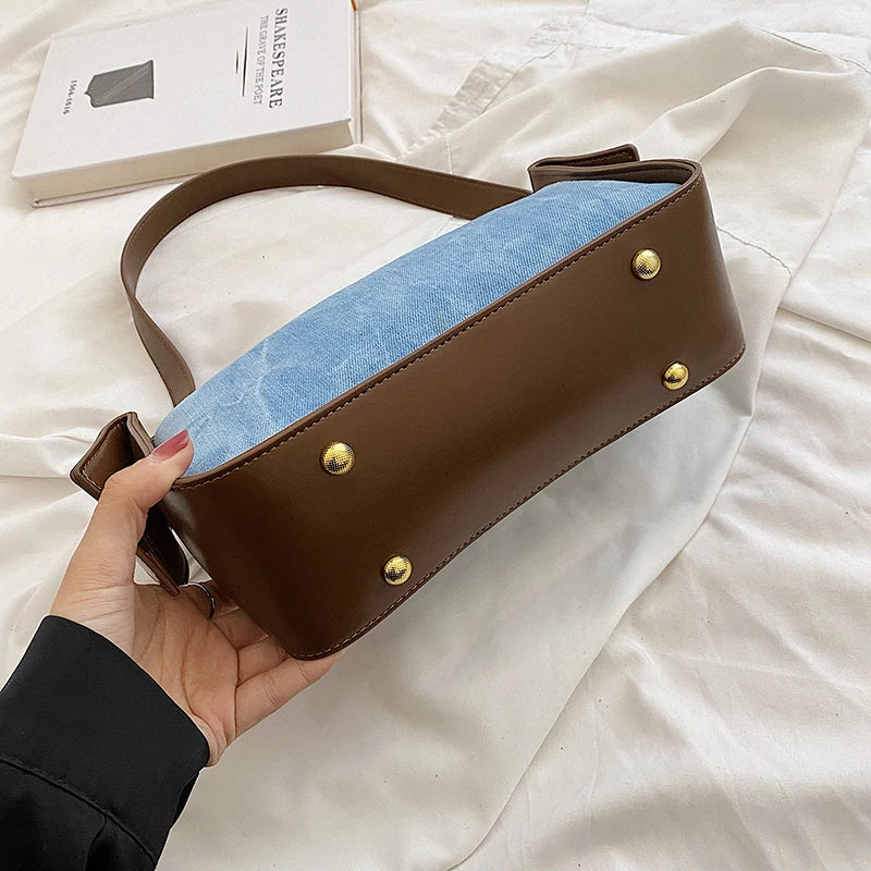 Women’s PU Leather and Denim Shoulder Crossbody Bag