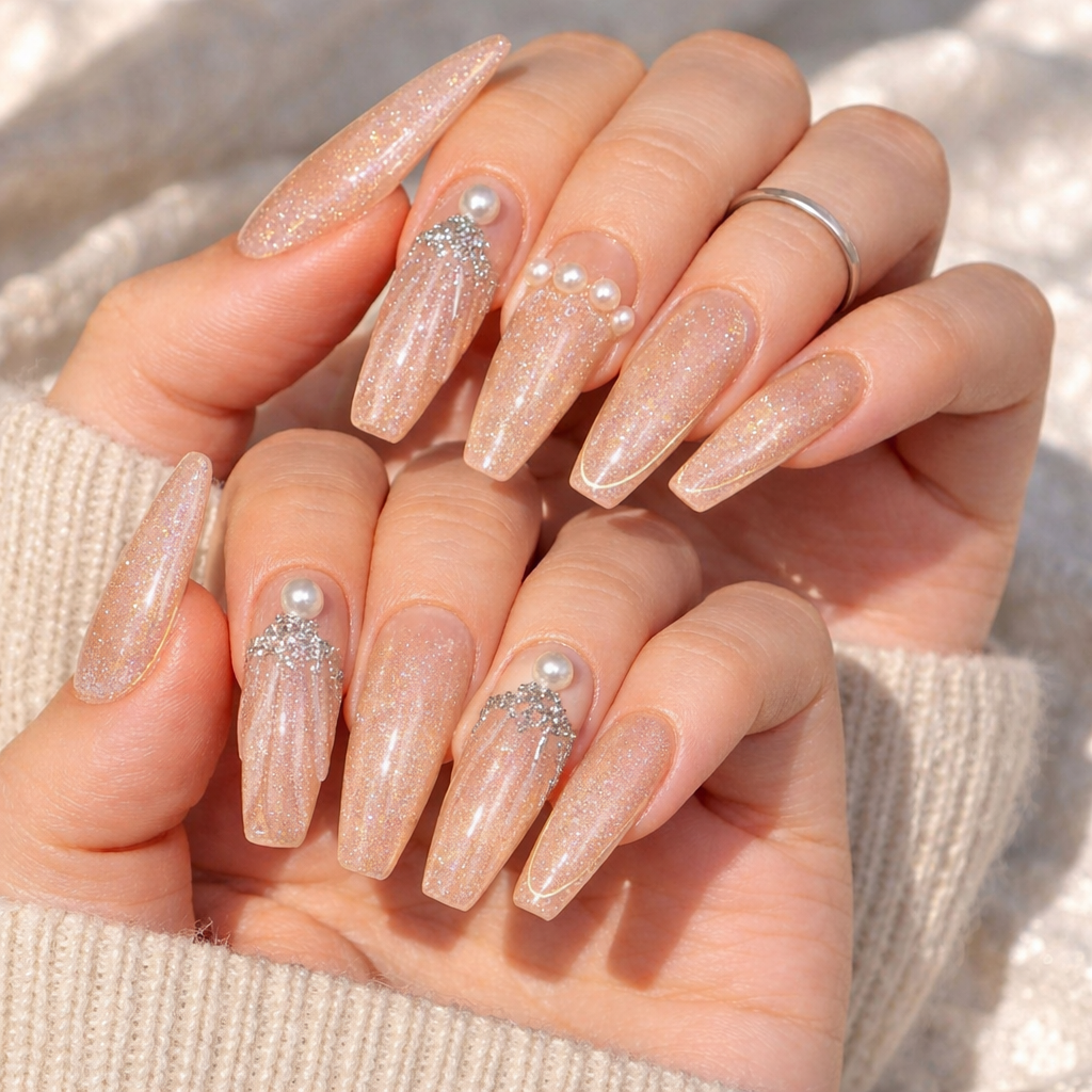 Sea Shells Handmade Press on Nails Ballerina Reusable Nails With Shiny Pearl