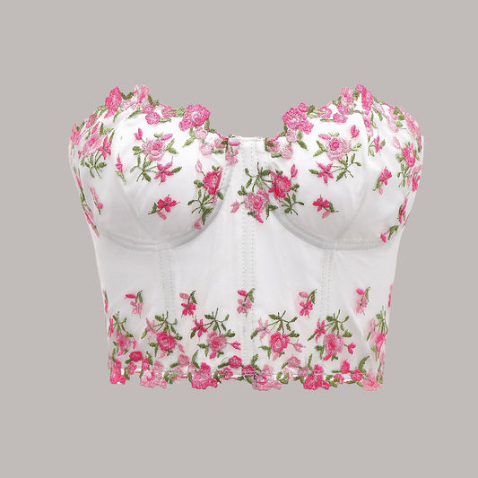 Lace Floral Embroidered Short Crop Belly-Baring Boned Tube Top
