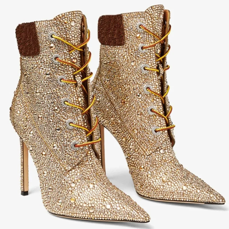 Diamond Mixed Color Water Diamond Cross Strap Ankle Boots