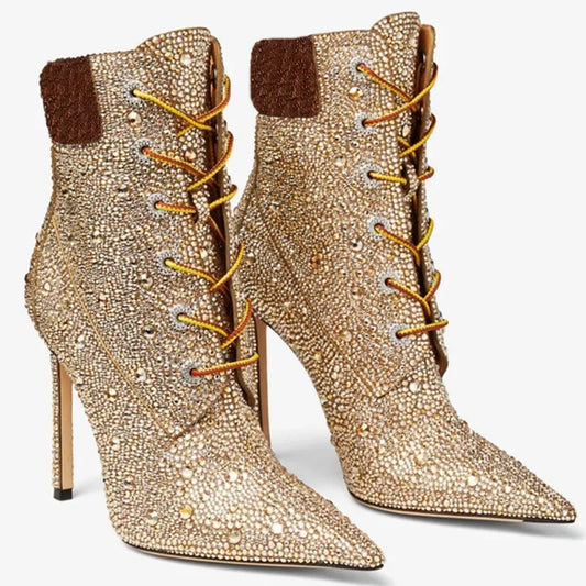 Diamond Mixed Color Water Diamond Cross Strap Ankle Boots