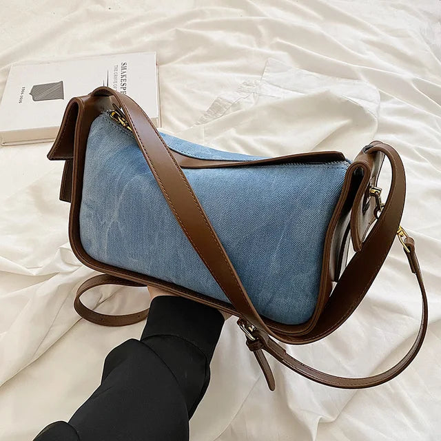 Women’s PU Leather and Denim Shoulder Crossbody Bag