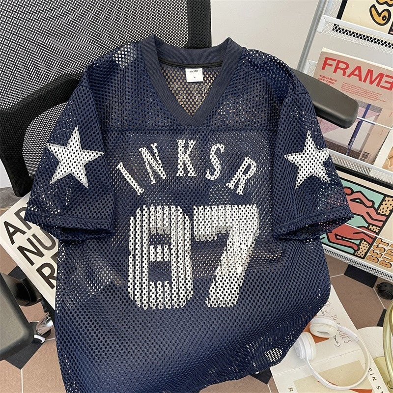 Navy blue  retro printed ball jersey short sleeved t-shirt