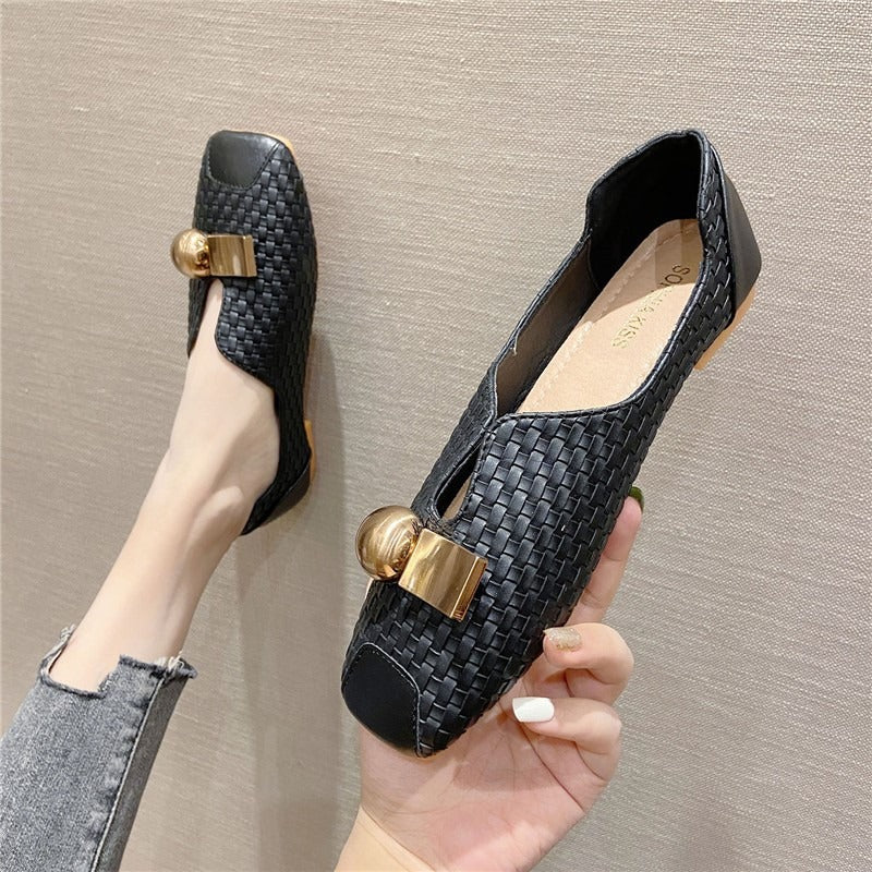 Retro square flat beanie shoes for women square toe  shoes