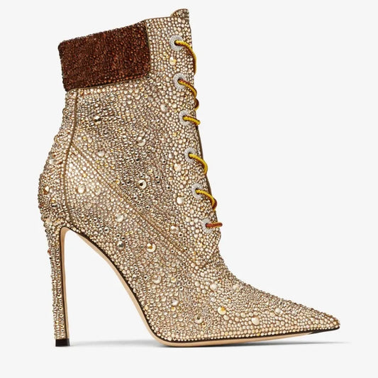 Diamond Mixed Color Water Diamond Cross Strap Ankle Boots